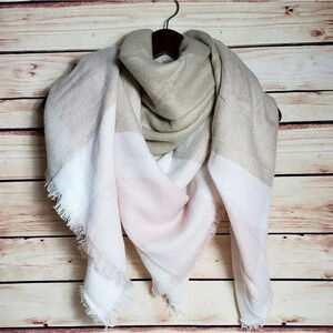 Beige White and Pink Plaid Blanket Scarf